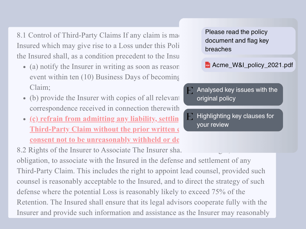 Evince claims analysis interface showing policy document review